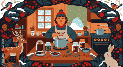 Woman Cooking Jam in Winter Kitchen.