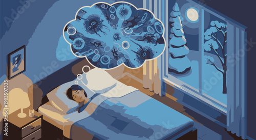 Woman Sleeping with Virus Thought Bubble.