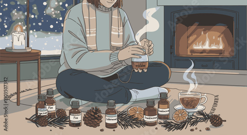 Woman Meditating with Essential Oils and Herbs.