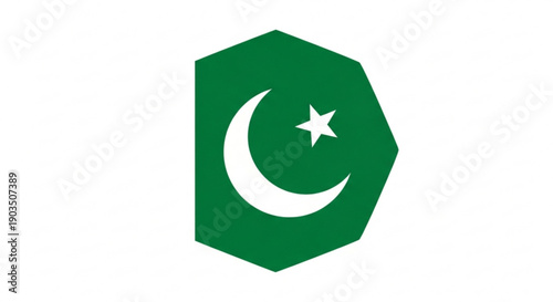 Pakistan flag symbol white crescent star green hexagon shape isolated on white background