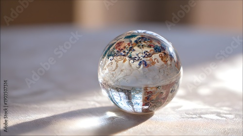 Crystal glass sphere reflecting upside down autumn forest landscape on wooden table with bokeh background