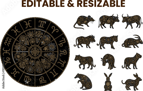 Chinese zodiac animals and astrology wheel with decorative patterns for each sign, collection of various animals
