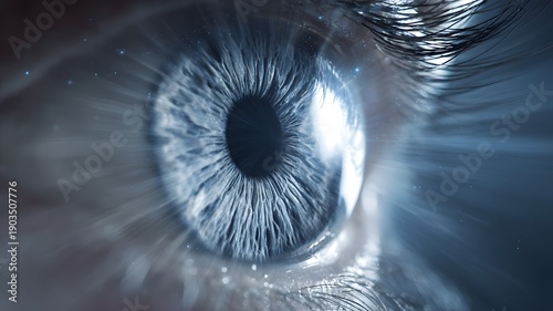 Close-up of Human Eye with Blue Iris and Radial Light Rays in Monochromatic Futuristic Style