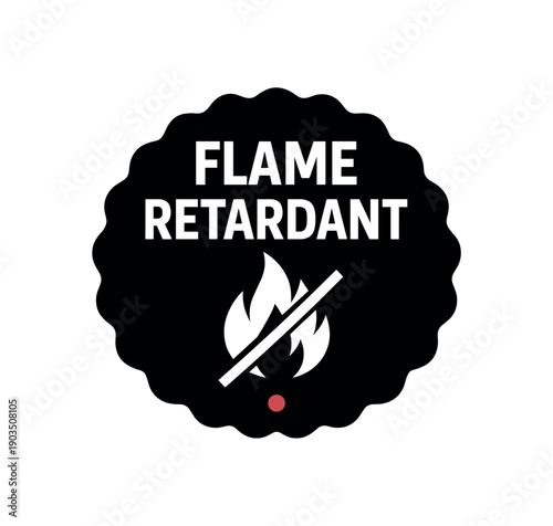 Flat vector seal stamp badge FLAME RETARDANT simple white flame with slash tiny muted red accent dot