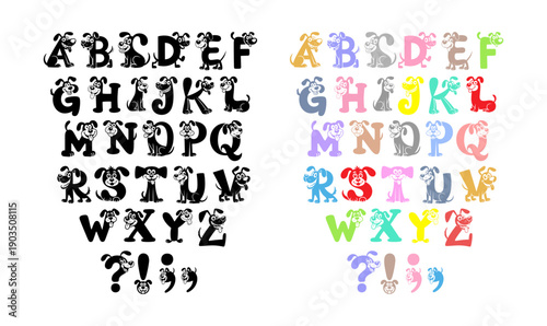 Vector cute dog alphabet and numbers on white background with words, paw prints and hearts in cartoon style. Bright illustration for postcard, poster, wrapping paper design, kids t-shirts, kids room.