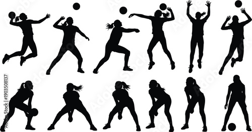 Volleyball player silhouettes set showing jumping, serving, spiking, and defensive actions, dynamic team sport movement and athletic performance isolated on white background