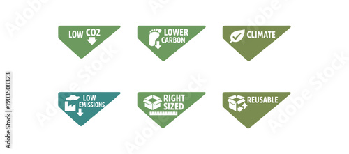 six separate flat vector corner callout stickers each badge triangle label eco accent colors with and simple white pictogram evenly spaced texts/: LOW CO2 CO2 down arrow icon corner callout