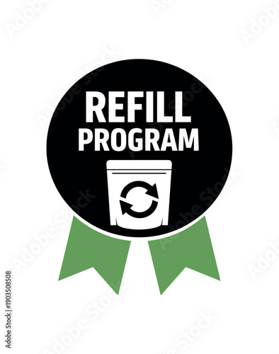 Flat vector ribbon badge REFILL PROGRAM simple white pouch with arrows two ribbon below circle muted green