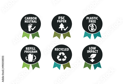 six separate flat vector ribbon badges each badge solid black circle with and simple white pictogram below two ribbon muted eco accent colors (green olive teal) evenly spaced texts/: CARBON