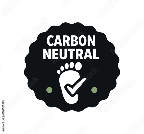 Flat vector seal stamp badge CARBON NEUTRAL simple white footprint with checkmark tiny muted green dot accent