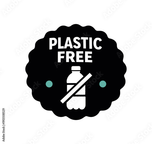 Flat vector seal stamp badge PLASTIC FREE simple white bottle with slash tiny muted teal dot accent
