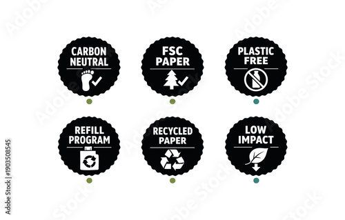six separate flat vector seal stamp badges each badge solid black scalloped edge circle with and simple white pictogram below tiny muted eco dot accent (green olive teal) evenly spaced