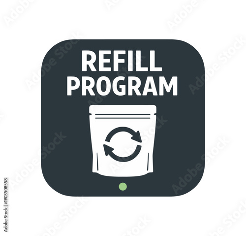 Flat vector rounded badge () REFILL PROGRAM simple white pouch with arrows tiny muted green dot accent