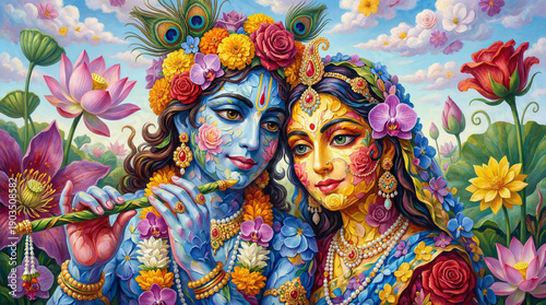 Vibrant and Colorful Portrait Painting of Divine Couple Radha and Krishna with Floral Adornments
