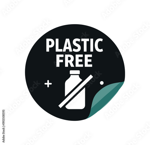 Flat vector sticker peel badge PLASTIC FREE simple white bottle with slash