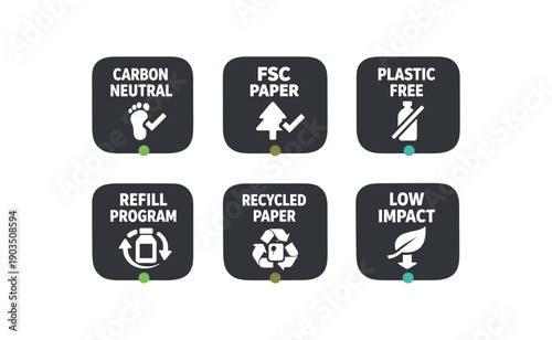 six separate flat vector rounded () badges each badge solid charcoal black with and simple white pictogram below tiny muted eco dot accent (green olive teal) evenly spaced texts/: CARBON