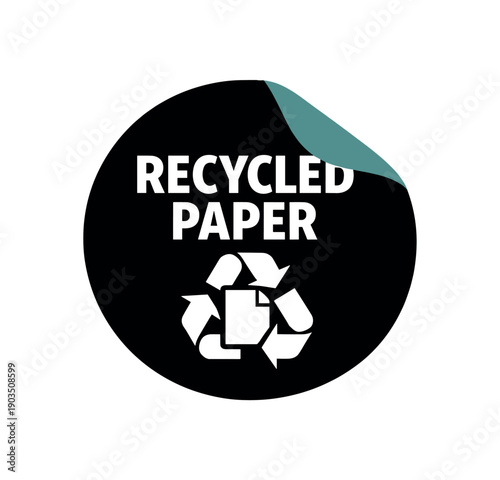 Flat vector sticker peel badge RECYCLED PAPER simple white recycle arrows with paper sheet