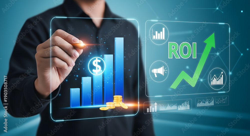 Obraz premium Financial Growth Visualization: A close-up view of an individual's hand, gracefully drawing on a futuristic transparent interface.