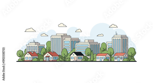 Modern Cityscape with Houses and Tall Buildings