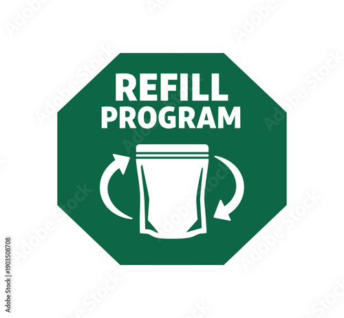Flat vector octagon badge solid deep forest green octagon background REFILL PROGRAM simple white pouch arrows