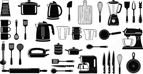 Kitchen utensils and cookware silhouette collection including appliances, tools, and accessories, ideal for cooking, food preparation, restaurant, and home kitchen design