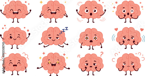 Cute brain character set showing emotions, moods and reactions, funny mental health cartoon flat vector illustration for education, psychology and wellness design