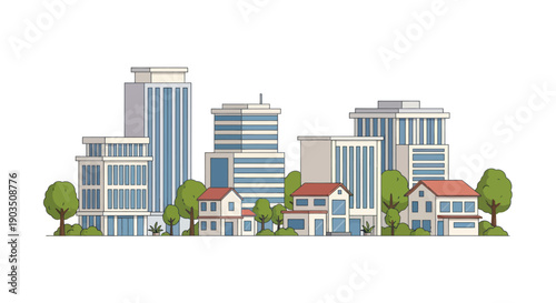 Modern Cityscape with Residential Houses and Tall Office Buildings