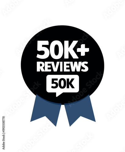 Flat vector ribbon badge 50K+ REVIEWS simple white chat bubble with 50K two ribbon below circle muted navy