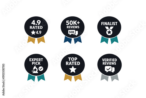 six separate flat vector ribbon badges each badge solid black circle with and simple white pictogram below two ribbon muted accent colors (gold navy teal silver gray) evenly spaced texts/: