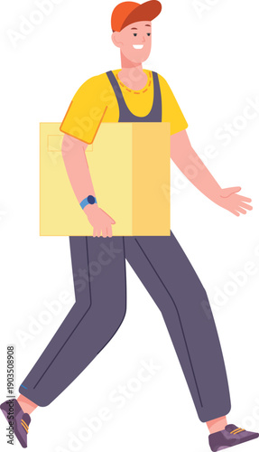 Delivery guy carry cardboard box. Professional shipping service