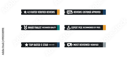 six separate flat vector label strip badges each solid black horizontal banner with die cut notches white bold uppercase long text and simple white pictograms beside text small muted color