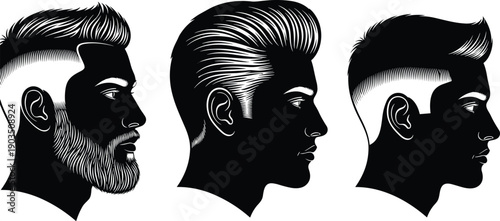 Male hairstyle silhouette collection featuring modern barber cuts, beard styles, and profile portraits, ideal for grooming, fashion branding, and barbershop design concepts