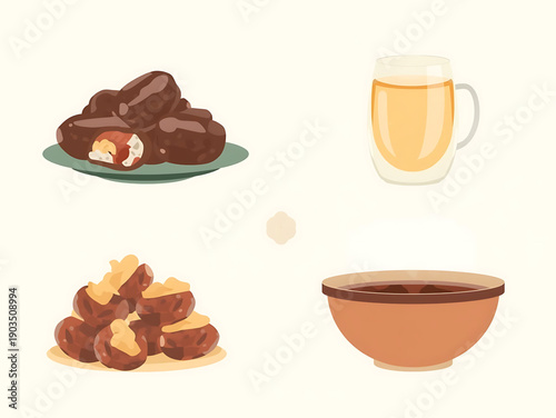 A delightful assortment of sweet dates and savory roasted chestnuts, paired with a refreshing beer and a comforting bowl of soup