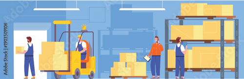 Warehouse scene with storage workers. Shipping service interior