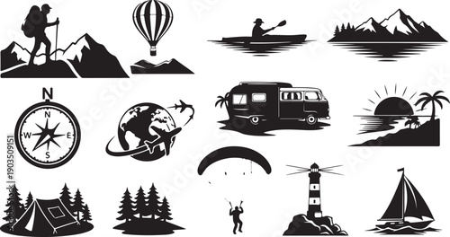 Travel and adventure icons in black and white style