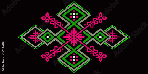 Traditional Hmong Ethnic Embroidery Pattern, Pink and Green Geometric Cross-Stitch on Black Canvas, Intricate Tribal Folk Art Embroidery, Symmetrical Geometric Needlework Texture on Black Aida Cloth.