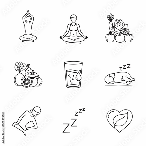 Serene wellness scene depicting meditation, relaxation, and healthy habits in a peaceful environment