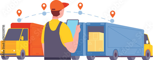Logistics manager concept. Shipping trucks route distribution