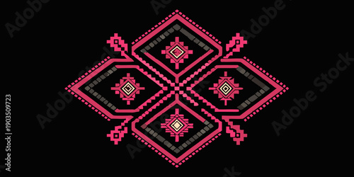 Traditional Hmong Ethnic Embroidery Pattern, Pink and Green Geometric Cross-Stitch on Black Canvas, Intricate Tribal Folk Art Embroidery, Symmetrical Geometric Needlework Texture on Black Aida Cloth.
