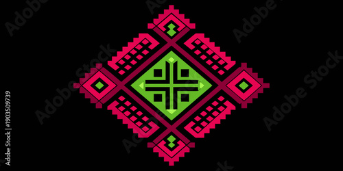 Traditional Hmong Ethnic Embroidery Pattern, Pink and Green Geometric Cross-Stitch on Black Canvas, Intricate Tribal Folk Art Embroidery, Symmetrical Geometric Needlework Texture on Black Aida Cloth.