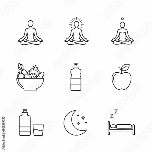 Set of simple line icons representing wellness activities, healthy eating, and relaxation, depicted in a minimalist style on a transparent background.