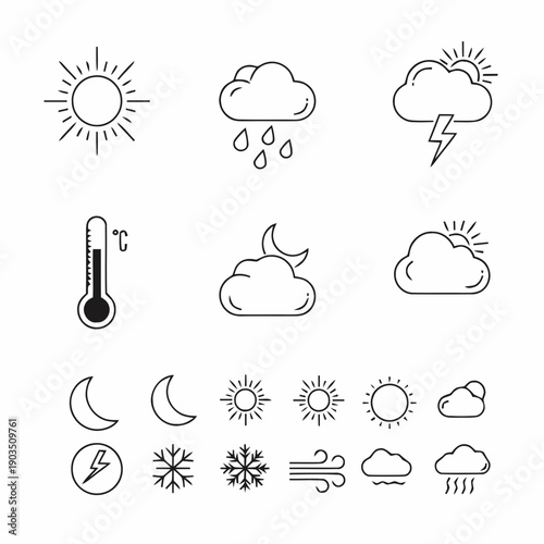 A collection of weather icons depicting various conditions and celestial bodies in a simple line art style
