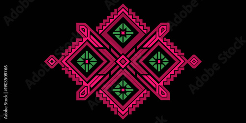 Traditional Hmong Ethnic Embroidery Pattern, Pink and Green Geometric Cross-Stitch on Black Canvas, Intricate Tribal Folk Art Embroidery, Symmetrical Geometric Needlework Texture on Black Aida Cloth.