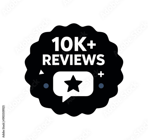Flat vector seal stamp badge 10K+ REVIEWS simple white chat bubble with tiny muted navy dot accent