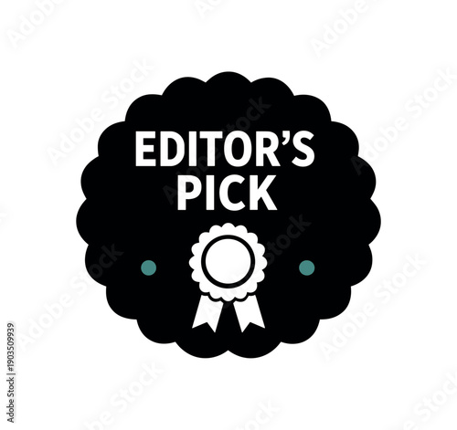 Flat vector seal stamp badge EDITOR' PICK simple white rosette ribbon tiny muted teal dot accent