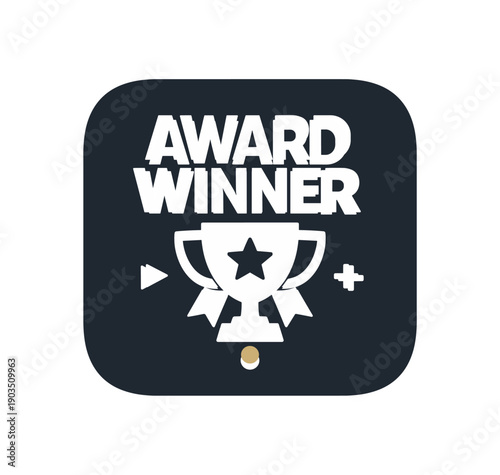 Flat vector rounded badge () AWARD WINNER simple white trophy ribbon tiny muted gold dot accent