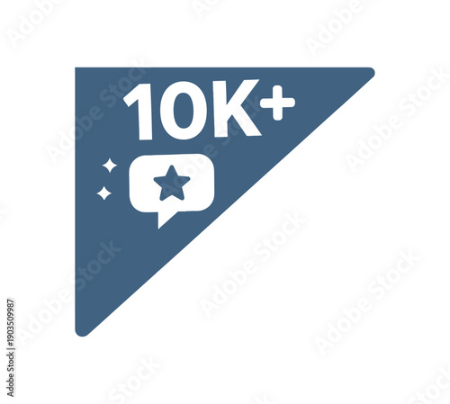 Flat vector corner callout sticker navy triangular corner label 10K+ simple white chat bubble with pictogram centered within triangle
