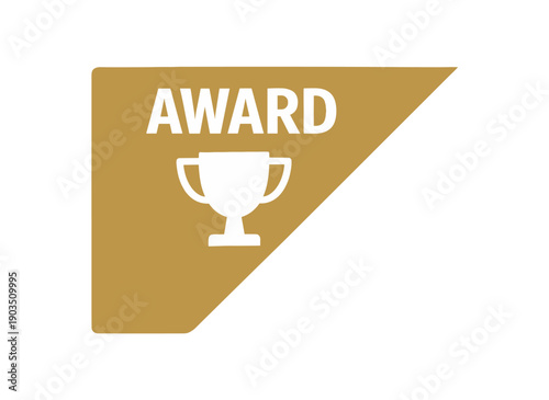 Flat vector corner callout sticker gold triangular corner label AWARD simple white trophy pictogram centered within triangle