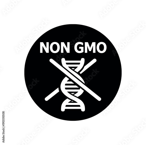 Flat vector badge NON GMO simple white crossed DNA helix scalable SVG look