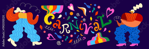 Carnival colourful banner with dancing people in costumes. Brazil carnival design template